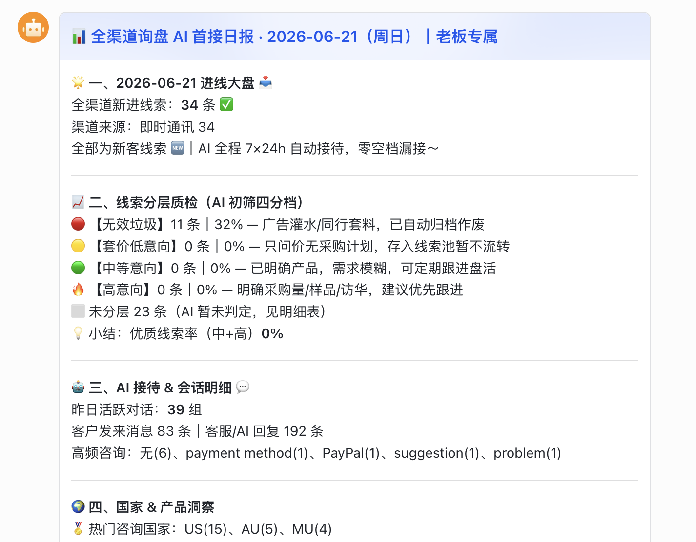 AI 接待员：完成 WhatsApp 询盘分析、客户意向打标、自动入库与回复话术生成
